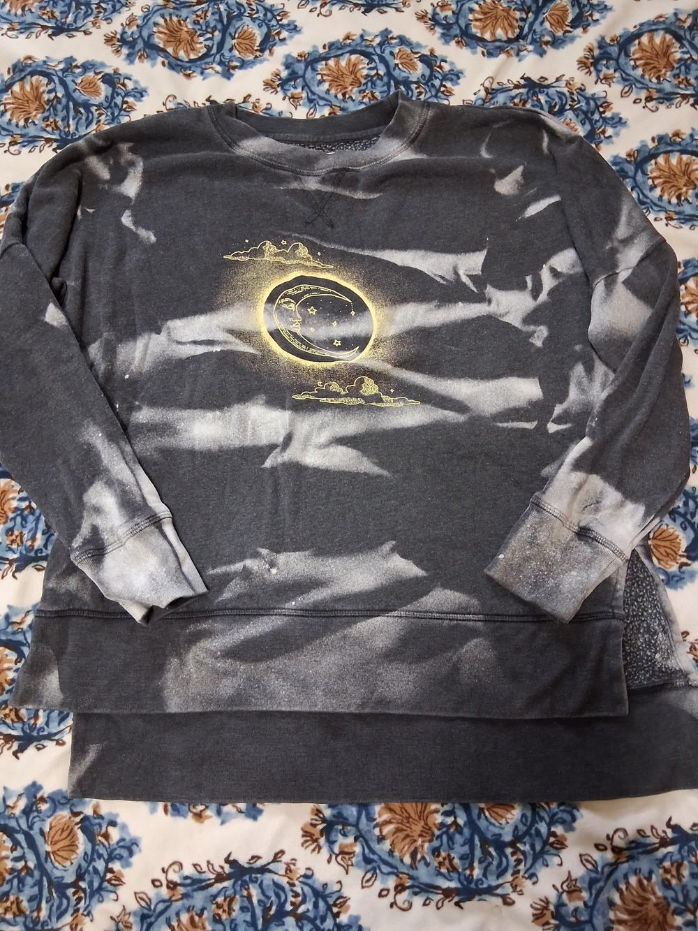 True Craft Charcoal Tie-Dye Crewneck with Yellow Moon Graphic